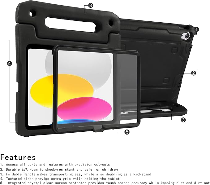 HDE Case for iPad 10th Generation 10.9 inch for Kids with Built-in Screen Protector Shockproof Cover with Multi Angle Viewing Handle Stand Black