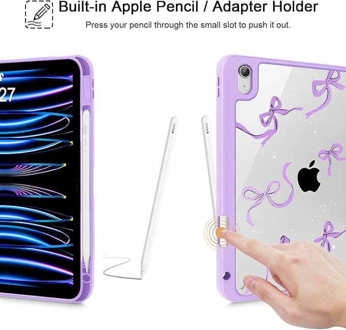 May Chen for iPad Air 11-inch M4/M3/M2 (2026/2025/2024) iPad Air 5th/4th 10.9 Inch - Shockproof Cover with Clear Back Shell &amp Penceil Holder Auto Wake/Sleep Stand Cover Purple Bows