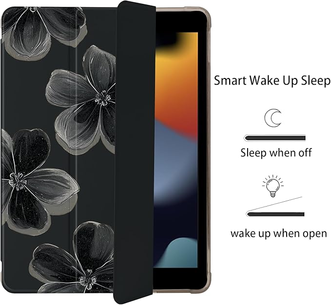 Cute Flower Floral for iPad 5th/6th Generation Case with Pencil Holder Auto Sleep/Wake Black Leather Soft TPU Back Cover for iPad 9.7 Inch
