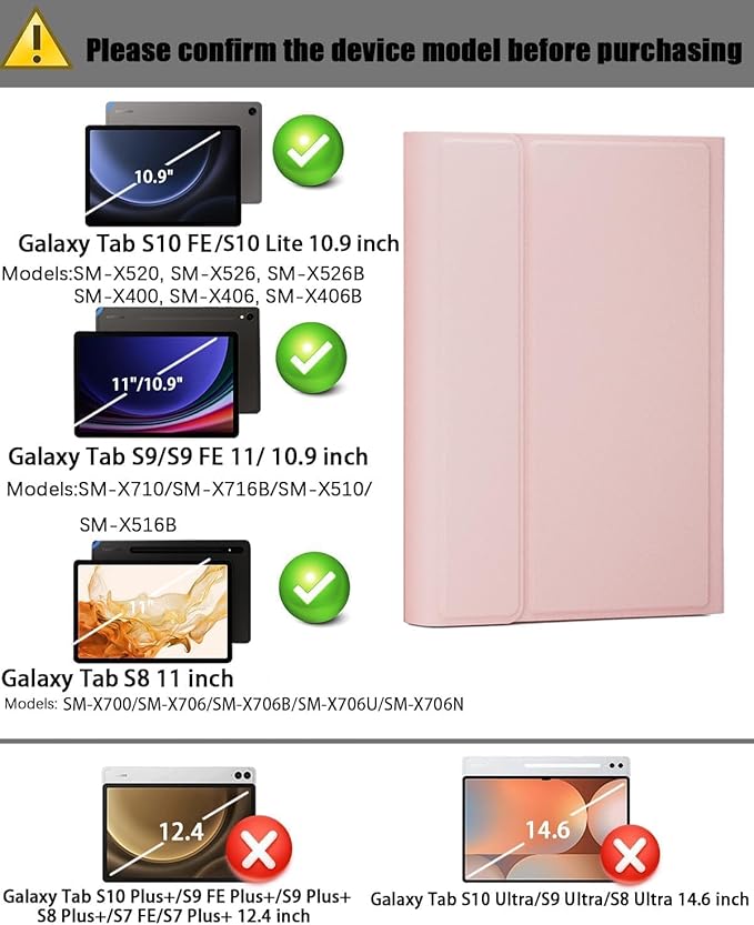 Case Keyboard for Samsung Galaxy Tab S10 Lite / S10 FE / S9 FE / S9 / S8 / S7 10.9/11 Built-in Pencil Holder with Mouse (Pink)