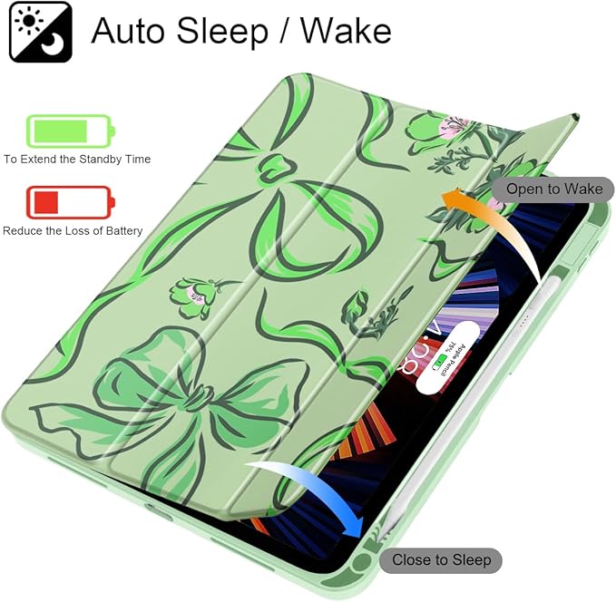 Mektron Case for 2026 iPad Air 13 inch M4 Cover Compatible 2025 iPad Air 13 inch M3 2024 iPad Air 13 inch M2 with Pencil Holder Shockproof Clear Shell Flowers-Bows-Green