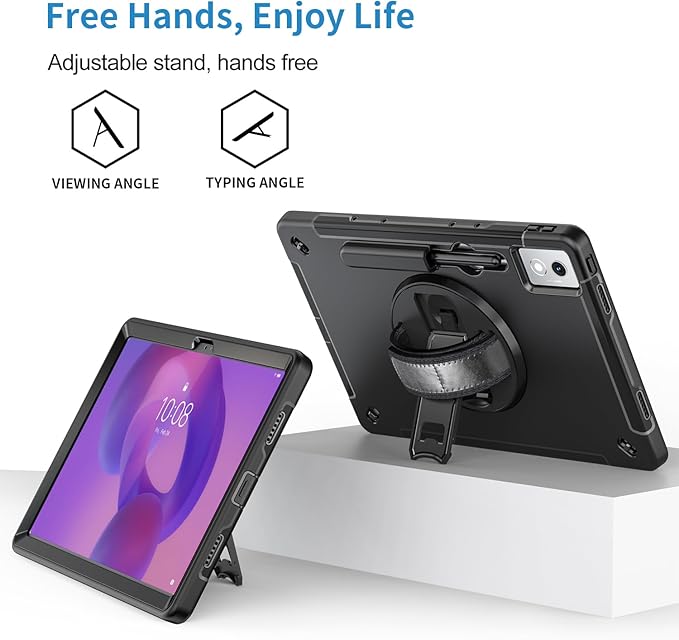 Junfire Protective Case for Lenovo Idea Tab Pro 12.7 inch 2025 Shockproof Idea Tab Pro (TB-373FU/TB-375FC) Case with 360°Rotating Kickstand/Hand Strap/Shoulder Strap/Stylus Holder-Black
