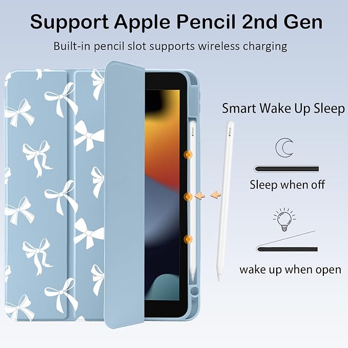 Cute Kawaii White Bow for iPad Pro 13 Inch Case (M5/M4) 2025/2024 with Pencil Holder Auto Sleep/Wake Blue Leather Clear Acrylic Back Cover