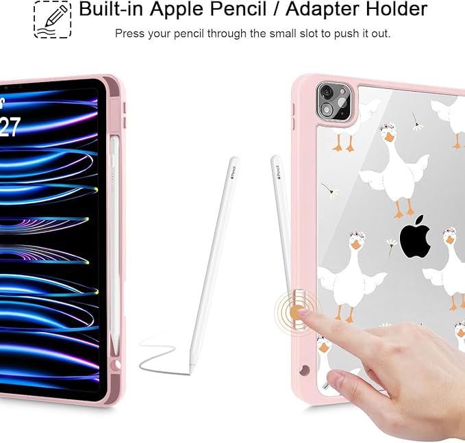 May Chen for iPad Pro 11 inch M2 4th Generation 2022 iPad Pro 11 3rd/2nd/1st Gen Built-in Pencil Holder with Shockproof Cover Clear Transparent Back Shell Auto Wake/Sleep Goose Flower