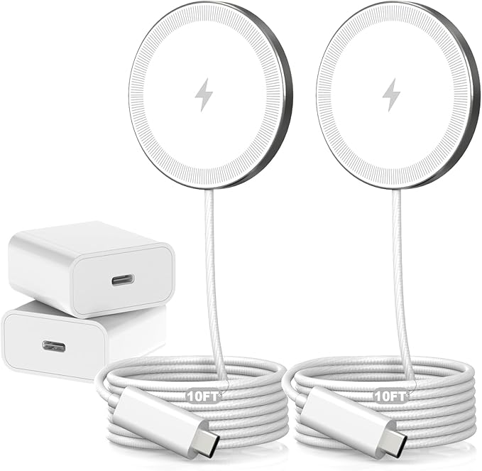 6FT Magnetic Wireless Charger Charging Pad - 15W Qi Fast Phone Charger Puck for Apple iPhone 17 16 15 14 13 12 Series &amp AirPods 4 3 2 Pro Phone Charging Pad with Plug for Desk &amp Travel 2Pack
