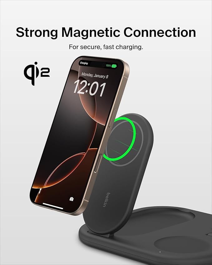 Belkin 3-in-1 MagSafe-Compatible iPhone Charger - Foldable Magnetic Qi2 Certified MagSafe Charging Station for Phone Apple Watch AirPods - Wireless for Multiple Devices
