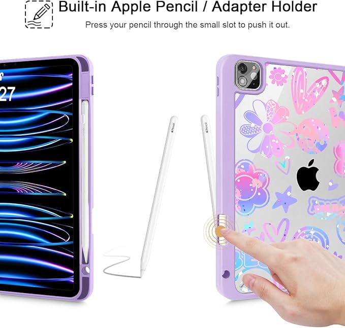 Tuiklol Case for iPad Pro 12.9 Inch M2 Case 2022 2021 2020 2018 Generation 6th/5th/4th/3rdBuilt-in Pencil Holder Clear Transparent Protective Back Shell Cover Fun Emotions Purple