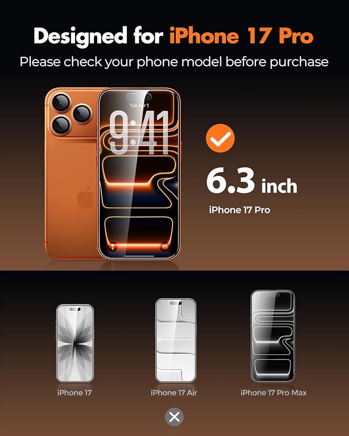 UNBREAKcable iPhone 17 Pro Screen Protector 3-Pack with Camera Protection | 9H Hardness | HD Clarity | Anti-Fingerprint | Case Friendly | 6.3 Inch | 3 Tempered Glass + 3 Camera Lens Protectors