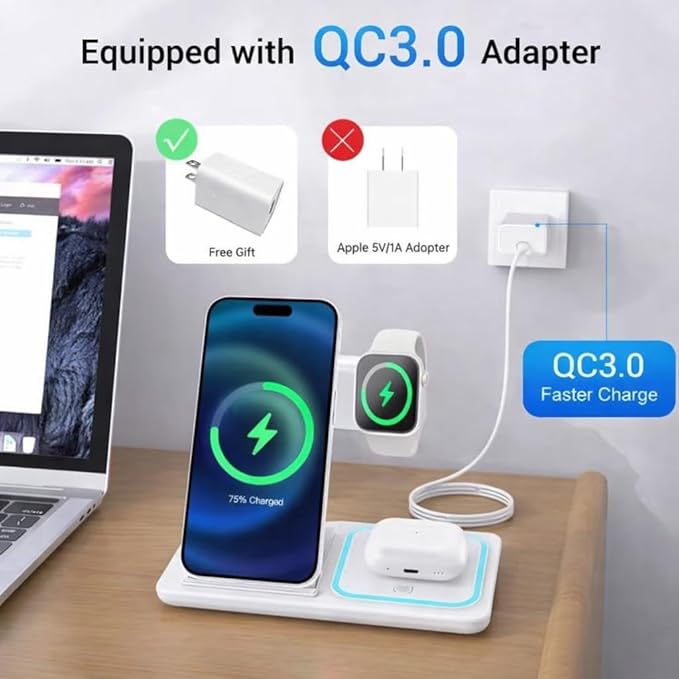 Fast Charging Wireless Charger Station 3 in 1 Multiple Devices Dock 15W Compatible with Any Devices with Wireless Charging Capability Phone Watch and Earbuds. (White)