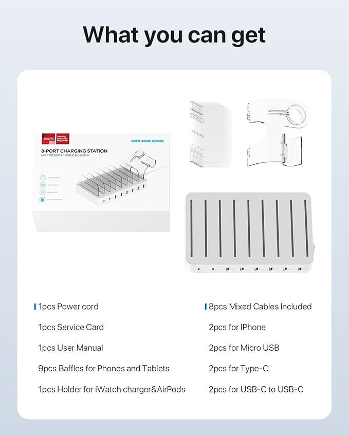 SooPii 8-Port USB-C Charging Station for Multiple Devices with 1 PD 20W Port Supports Fast Charging 8pcs Mixed Charging Cables and 1pcs Upgraded Holder for lWatch Charger &amp Air-Pods White