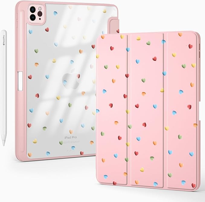 Cute Kawaii Love Heart for iPad 7th/8th/9th Generation Case 10.2 Inch 2019/2020/2021 with Pencil Holder Auto Sleep/Wake Pink Leather Acrylic Back Cover