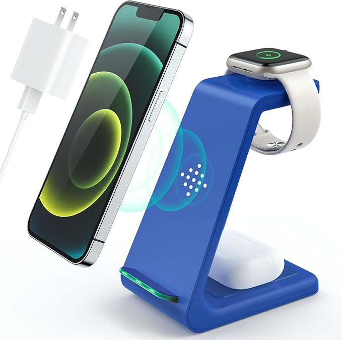 3 in 1 Wireless Charging Station 2026 Upgraded Fast Desk Charger Station for iPhone 17 16 15 14 13 12 Pro Max Plus Charger Stand for Apple Watch 10 9 8 7 6 5 4 3 2 SE Airpods 4 3 2 Pro(Blue)