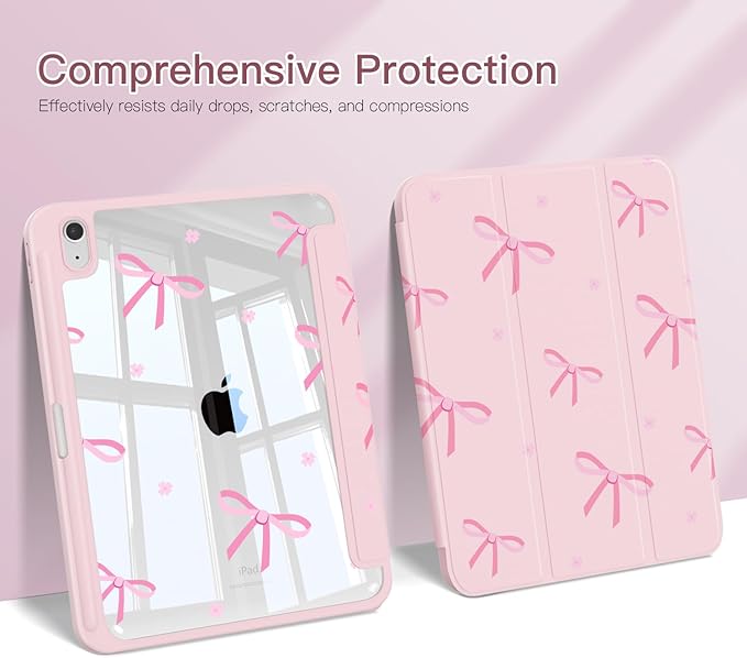 Teryeefi for iPad (A16) 11th Generation Case 11 Inch 2025 Release for iPad 10th Generation 10.9 Inch 2022 Protective Shell with Pencil Holder Soft TPU+Crystal Hard Back Cover Pink Bow