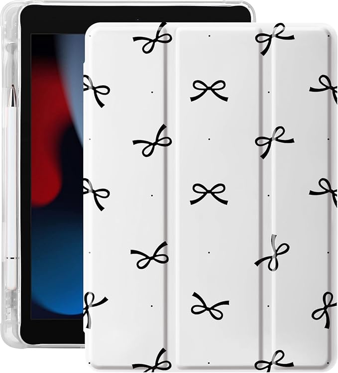 Idocolors Case for iPad 11 inch (A16 Chip) 2025 Generation 11th / iPad 10.9 inch 2022 10th Gen Built-in Pencil Holder with Soft TPU Shockproof Back Shell Auto Wake/Sleep Black Bow-White