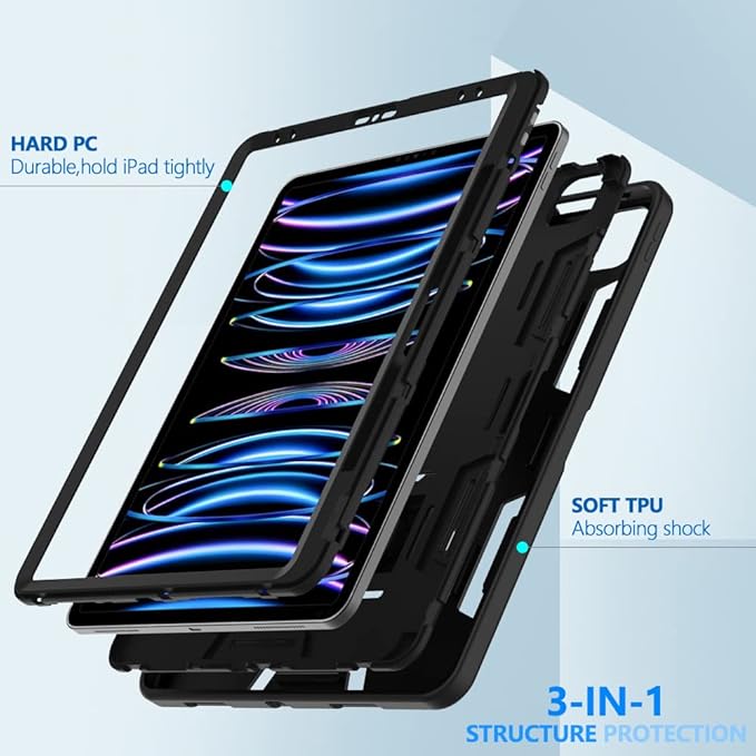 Puxicu Case for iPad Pro 12.9 6th Gen/5th Gen/4th Gen/3rd Gen Heavy Duty Rugged Protective Built-in Pencil Holder Cover for iPad Pro 12.9 2022/2021/2020/2018 Black