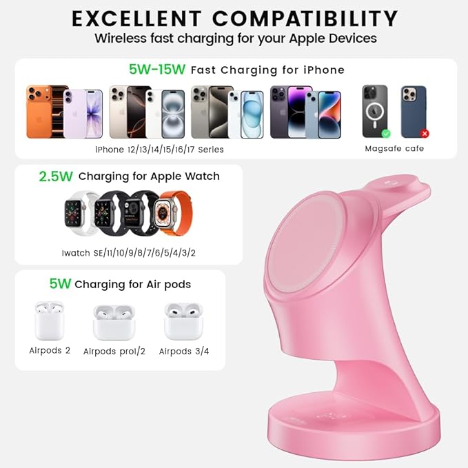 3 in 1 Wireless Charging Station for Apple DevicesMagsafe Charger for IPhone17 16 15 14 13 12 Pro/Max/Plus/Mini Wireless Charger Station for AirPods 2/3/4/Pro iWatch Ultra11/10/9/8/7/SE/6/5/4/3/2