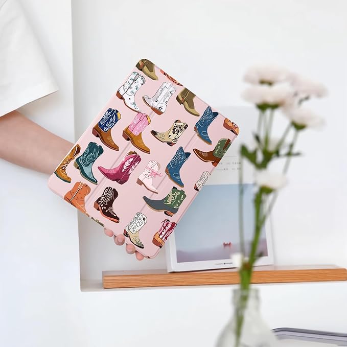 Cute Cowgirl Boots for iPad Pro 12.9 Inch Case 5th/6th Generation 2022/2021/2020 with Pencil Holder Auto Sleep/Wake Pink Leather Soft TPU Back Cover