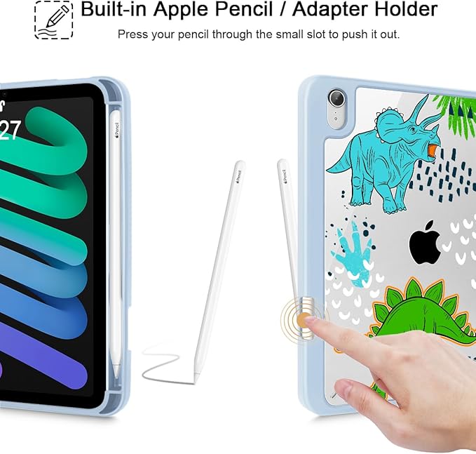 May Chen Slim Case for iPad mini 7 (A17 Pro 7th Generation) 2024 / iPad mini 6 (6th Gen) 8.3 Inch [Built-in Pencil Holder] Shockproof Cover Clear Clear Back Shell Auto Wake/Sleep Dinosaur