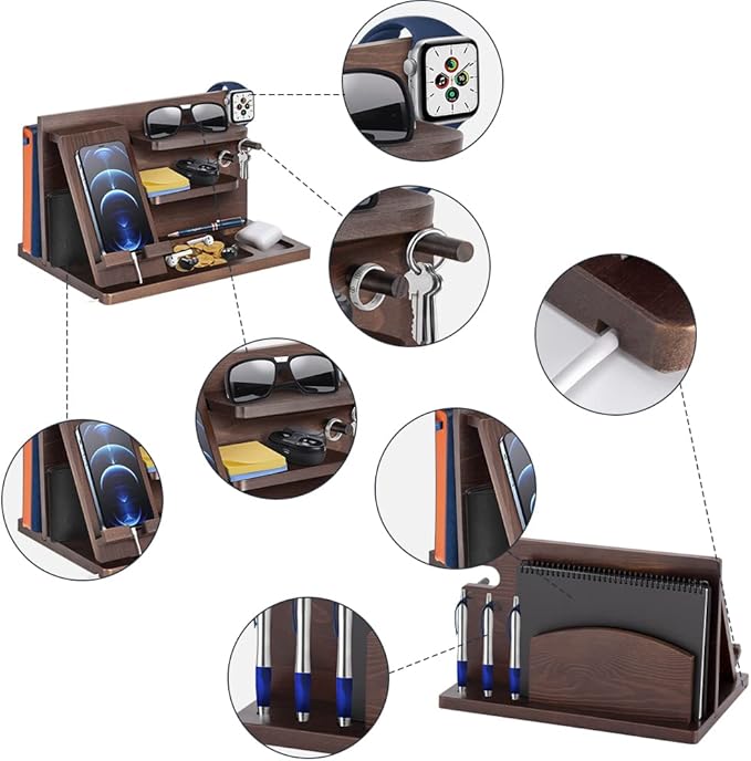 Gifts for Men Bedside Organiser Wood Phone Docking Station Dad Birthday Gifts for Him Nightstand Key Wallet Watch Stand Mens Gifts for Xmas Presents for Dad Husband Boyfriend Anniversary &amp Christm