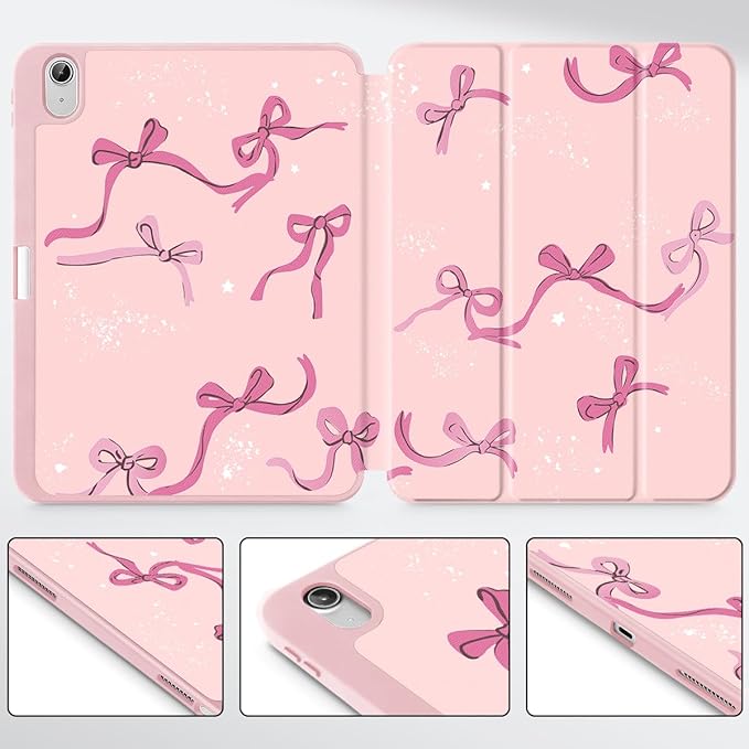 Tuiklol Case for iPad 10.2 Inch 2021 2020 2018 Release 9th / 8th / 7th Generation Built-in Pencil Holder TPU Protective Stand Back Cover Trifold Stand-Auto Wake/Sleep Bow-Pink