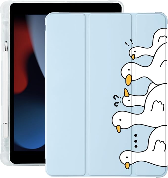 Cute Kawaii Duck for iPad Air 13 Inch Case M3 2025/M2 2024 with Pencil Holder Auto Sleep/Wake Blue Leather Soft TPU Back Cover