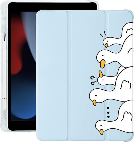Cute Kawaii Duck for iPad Air 13 Inch Case M3 2025/M2 2024 with Pencil Holder Auto Sleep/Wake Blue Leather Soft TPU Back Cover