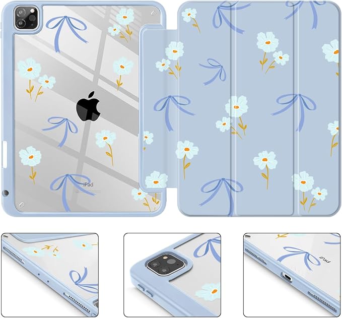 Mektron Case for iPad Pro 11 inch Case M2 2022 Generation 4th Fit 2021 2020 2018 iPad Pro 11 (3rd 2nd &amp 1st Gen) -Buit in Pencil Holder with Shockproof Cover Clear Shell Blue Bows &amp Flower