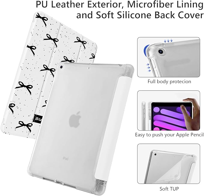 Cute Kawaii Black Bow Flower for iPad Pro 12.9 Inch Case 5th/6th Generation 2022/2021/2020 with Pencil Holder Auto Sleep/Wake Leather Soft TPU Back Cover