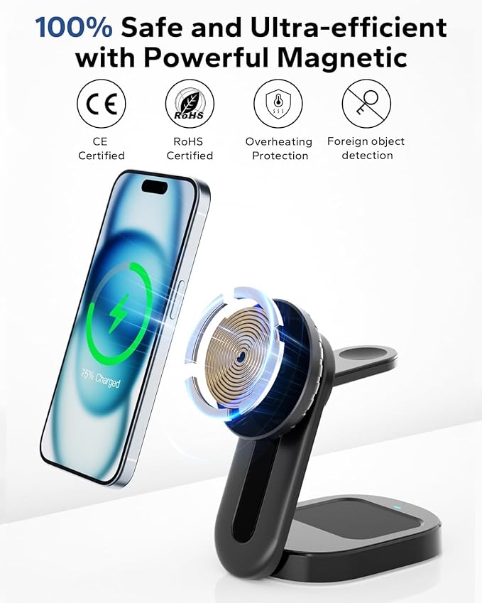 KPON 3 in 1 Magsafe Charging Station for Nightstand Wireless Fordable Charger Stand for iPhone 16 15 14 13 12 Pro Max Travel Magnetic Charging Stand for Apple Watch/Airpods