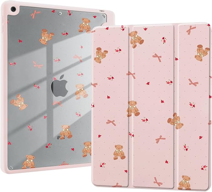 Lovely Bear Bowknot Case for iPad 9th/7th/8th Generation (2021/2020/2019 10.2 Inch) with Pencil Holder Kawaii Girly Pink Leather Clear Back Shell Foldable Protective Cover