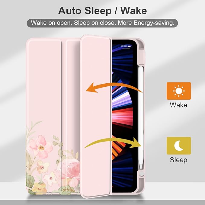 Batianda Hybrid Case for iPad Air 2022 (5th Generation M1 Chip) / iPad Air 4th 2020 10.9 inch [Built-in Pencil Holder] Shockproof Cover with Clear Transparent Back Shell TPU BumperPink Flower