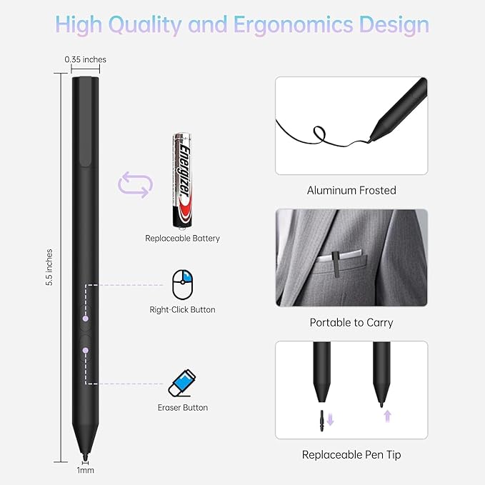 Pen for Surface Pro 11 2500 Working Hour 1024 Pressure Eraser &amp Right-Click Palm Rejection for Surface Pro 11/10/9/8/X/7+/7/6/5/4/3 Surface Go 1-4 Surface Laptop/Studio/Book 1-5 Kobo eReade