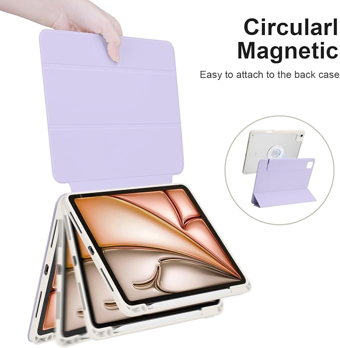 Case for iPad Air 11 M4/M3/M2 2026/2025/2024 iPad Air 10.9 5th/4th 2022/2020 iPad Pro 11 4th/3rd/2nd 2022/2021/2020 with Pencil Holder Vertical Stand Detachable Magnetic Lilac+White
