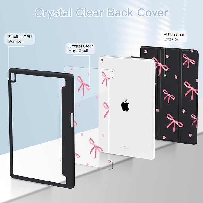 Teryeefi for iPad 10.2 case 2021 20202019 Release 7th 8th 9th Generation Built in Pencil Holder - Stand-Auto Wake/Sleep TPU &amp Hard Stand Clear Back Cover for 10.2 iPad (Black Bow)