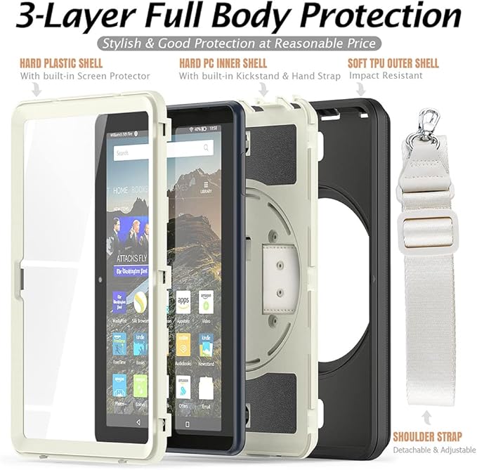 New Kindle Fire HD 8/8 Plus Tablet Case with 360 Degree Swivel Stand Carrying Strap Children's Ebook Cover Black