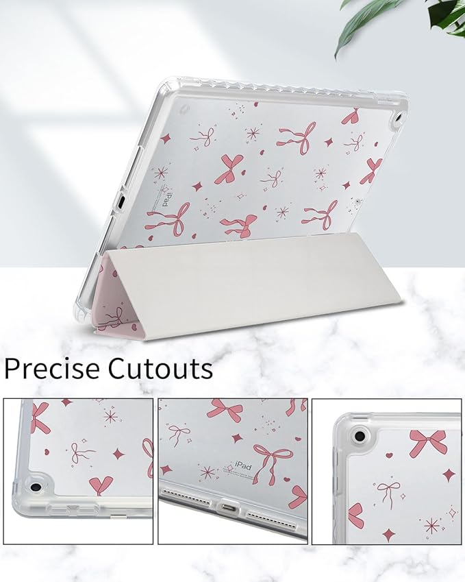 Fycyko Trifold Stand Case for iPad 10.2 InchiPad 9th/8th/7th Generation 2021/2020/2019 Aesthetic Pink Bowknot Ribbon Pattern with Pencil Holder Shockproof Protective CoverRibbon
