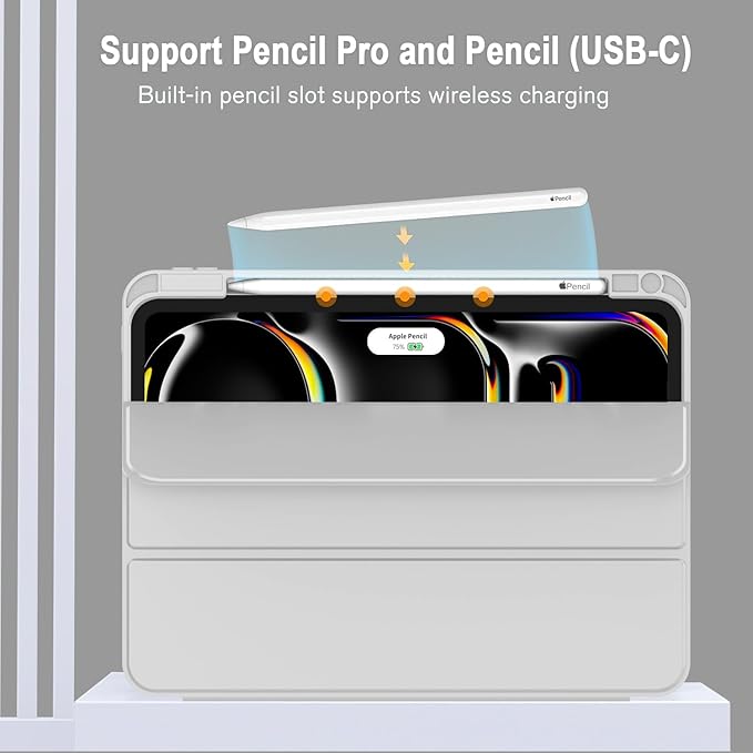 ZryXal iPad Pro 11 Inch Case (M5) 2025/ (M4) 2024 (Model: A2836/A2837/A3006) Trifold Stand Smart Cover with Pencil Holder and Soft TPU Back Auto Wake/Sleep (New Light Gray)