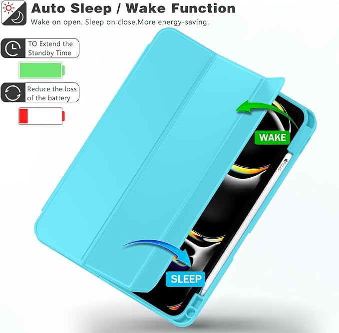 ZryXal iPad Pro 11 Inch Case (M5) 2025/ (M4) 2024 (Model: A2836/A2837/A3006) Trifold Stand Smart Cover with Pencil Holder and Soft TPU Back Auto Wake/Sleep (Cyan)