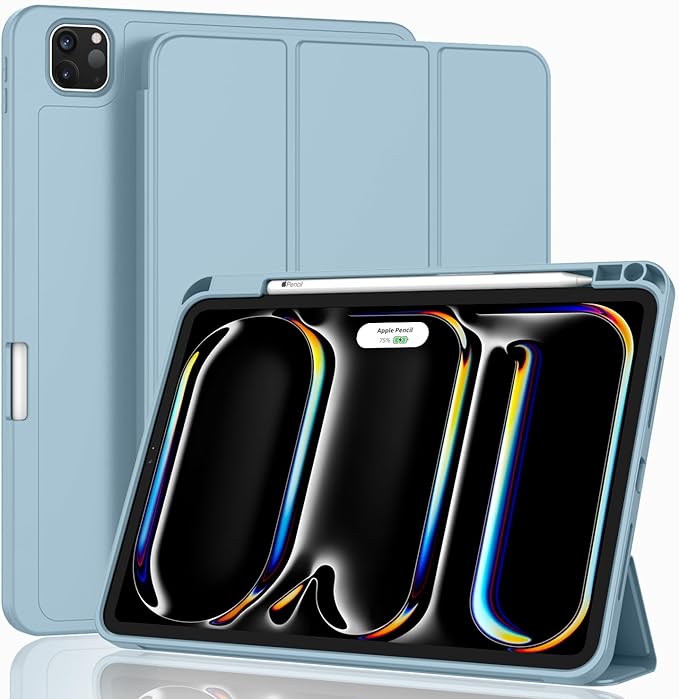 ZryXal iPad Pro 11 Inch Case (M5) 2025/ (M4) 2024 (Model: A2836/A2837/A3006) Trifold Stand Smart Cover with Pencil Holder and Soft TPU Back Auto Wake/Sleep (New Light Blue)