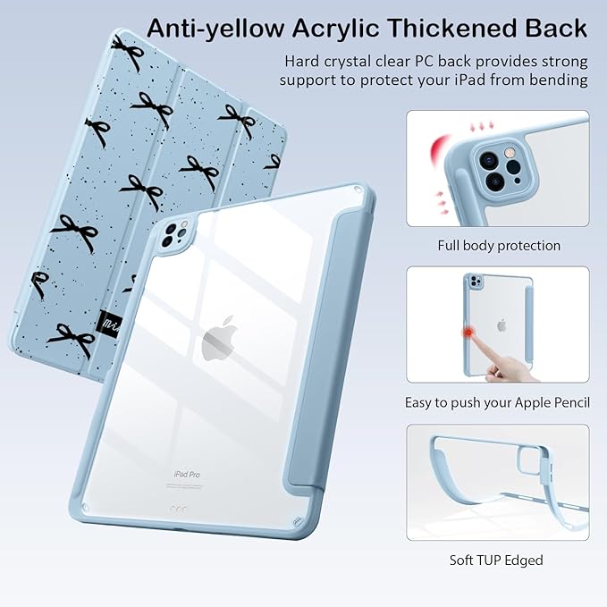 Cute Black Bow for iPad Pro 13 Inch Case (M5/M4) 2025/2024 with Pencil Holder Auto Sleep/Wake Blue Leather Clear Acrylic Back Cover