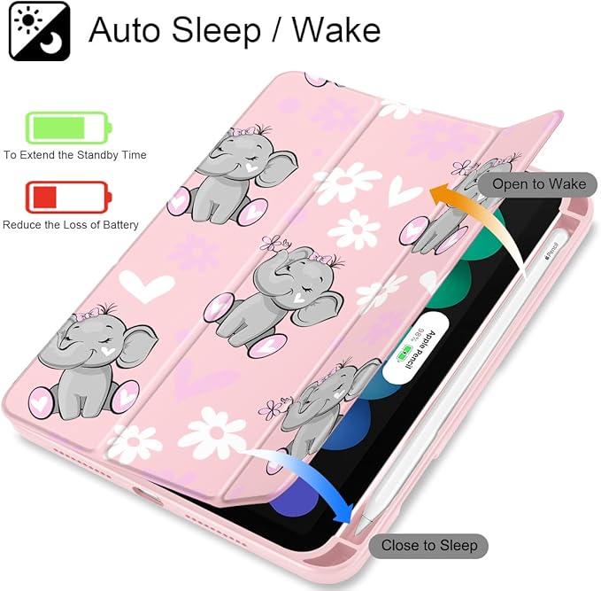 May Chen Slim Case for iPad mini 7 (A17 Pro 7th Generation) 2024 / iPad mini 6 (6th Gen) 8.3 Inch [Built-in Pencil Holder] Shockproof Cover Clear Clear Back Shell Auto Wake/Sleep Cute Elephant