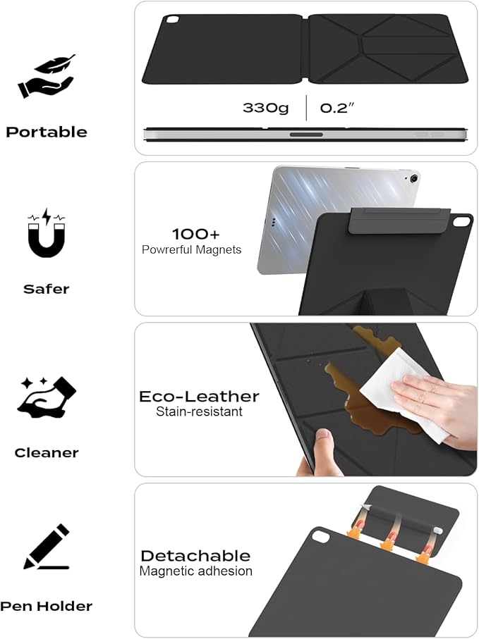 JKSML Dynamic Folio Case for iPad Air M4/M3/M2 11 &amp Air 4th/5th Gen 10.9 Detachable Pencil Holder 20+ Multi-Angle Origami Cover Slim &amp Ergonomic &amp Powerful Magnetic - Black