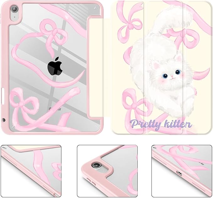 Case for iPad Air 11'' (M4 2026/M3 2025/M2 2024)/ iPad Air 10.9'' Air 5th /4th Gen Shockproof Cover with Clear Back Shell &amp Penceil Holder Auto Wake/Sleep Stand Cover Ribbon Bow Kitten