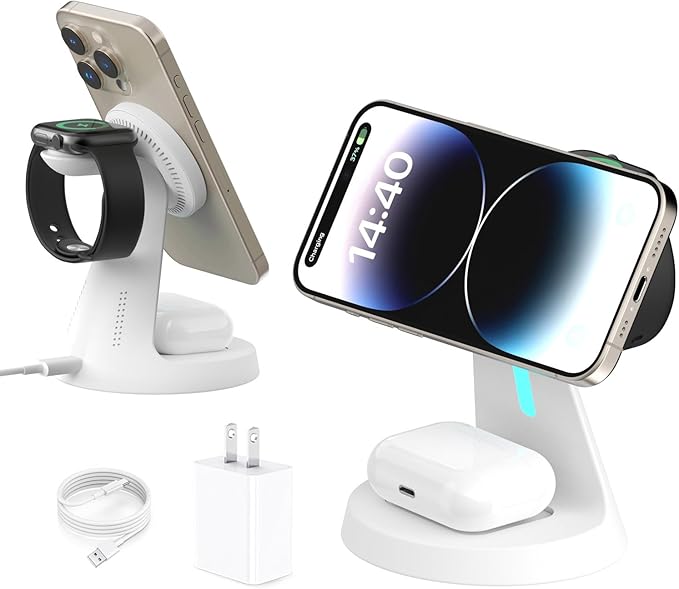 Wireless Charger Compatible with Mag-Safe3 in 1 Charging Station for iPhone17/16/15/14/13/12 Series Apple WatchAirPods15W Fast Charging (Adapter Included)