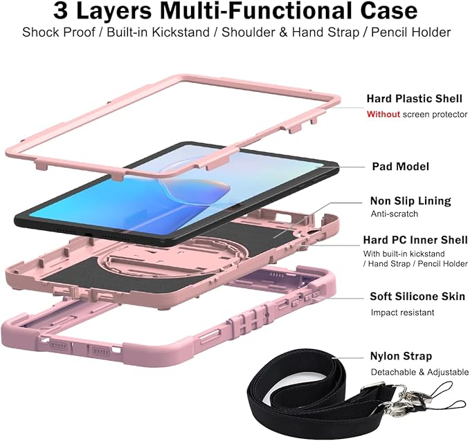 Tablet Case for Huawei MatePad SE 10.4 inch Tablet Shockproof Cover with 360° Rotating Stand and Wrist Strap Shoulder Strap Pink Gold