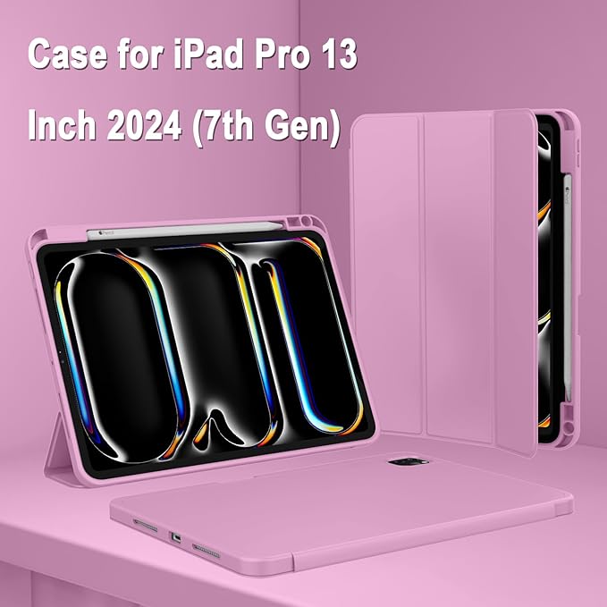 ZryXal New iPad Pro 13 Inch Case (M5) 2025 / (M4) 2024 with Pencil Holder Smart iPad Case [Support Pencil Pro and Pencil (USB-C)] Support Touch ID and Auto Wake/Sleep (Pale Violet Red)