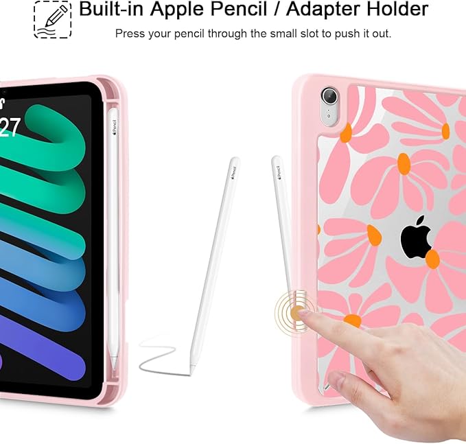 May Chen Slim Case for iPad mini 7 (A17 Pro 7th Generation) 2024 / iPad mini 6 (6th Gen) 8.3 Inch [Built-in Pencil Holder] Shockproof Cover Clear Clear Back Shell Auto Wake/Sleep Groovy Flower