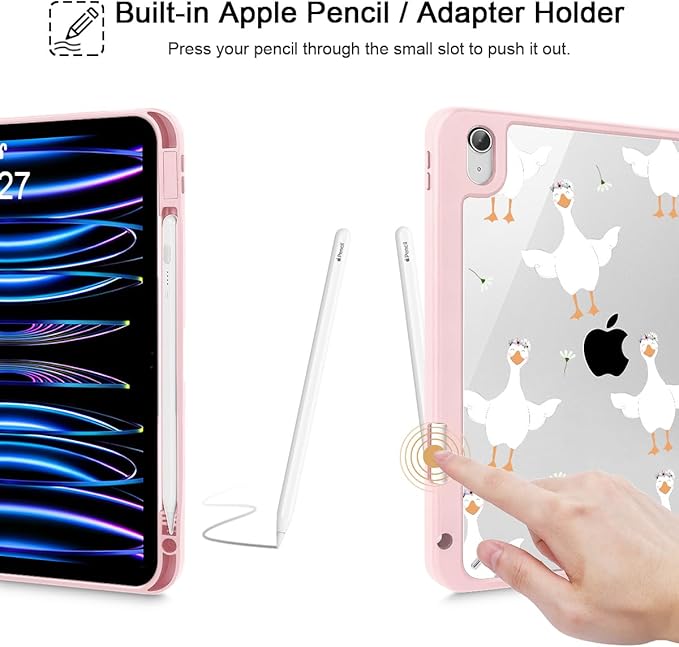 May Chen for iPad Air 11-inch M4/M3/M2 (2026/2025/2024) iPad Air 5th/4th 10.9 Inch - Shockproof Cover with Clear Back Shell &amp Penceil Holder Auto Wake/Sleep Stand Cover Goose Flower