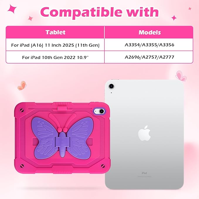 VOFUOE for iPad A16 Case 11th Generation 2025 11 Inch for iPad 10th Generation Case 2022 10.9 Inch for Kids Girls with Butterfly Stand Shoulder Strap Pencil Holder Hard Cover-Hot Pink &amp Purple Wi
