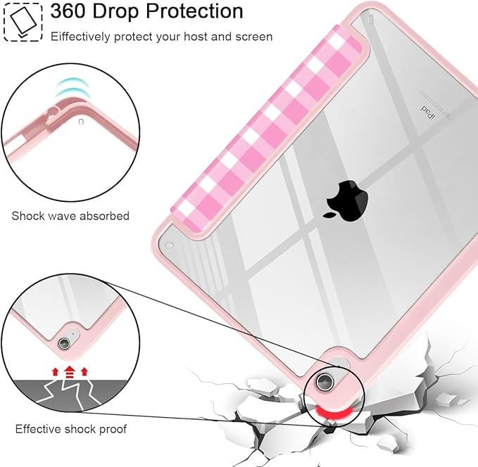Case for iPad (A16) 11th Generation 11 Inch (2025) iPad 10th Generation 10.9 Inch (2022) Shockproof Cover with Clear Transparent Back Shell &amp Pencil Holder Pink Plaid
